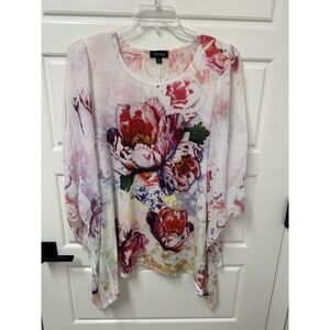 Cal Style USA Women 2XL Floral Beaded Sharkbite Hem Bell Sleeve Tunic Blouse